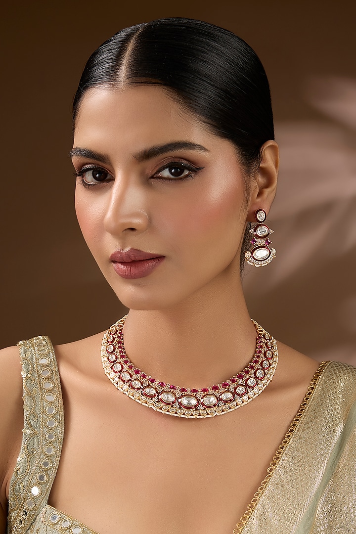 Gold Finish Kundan Polki & Ruby Stone Choker Necklace Set by Auraa Trends at Pernia's Pop Up Shop