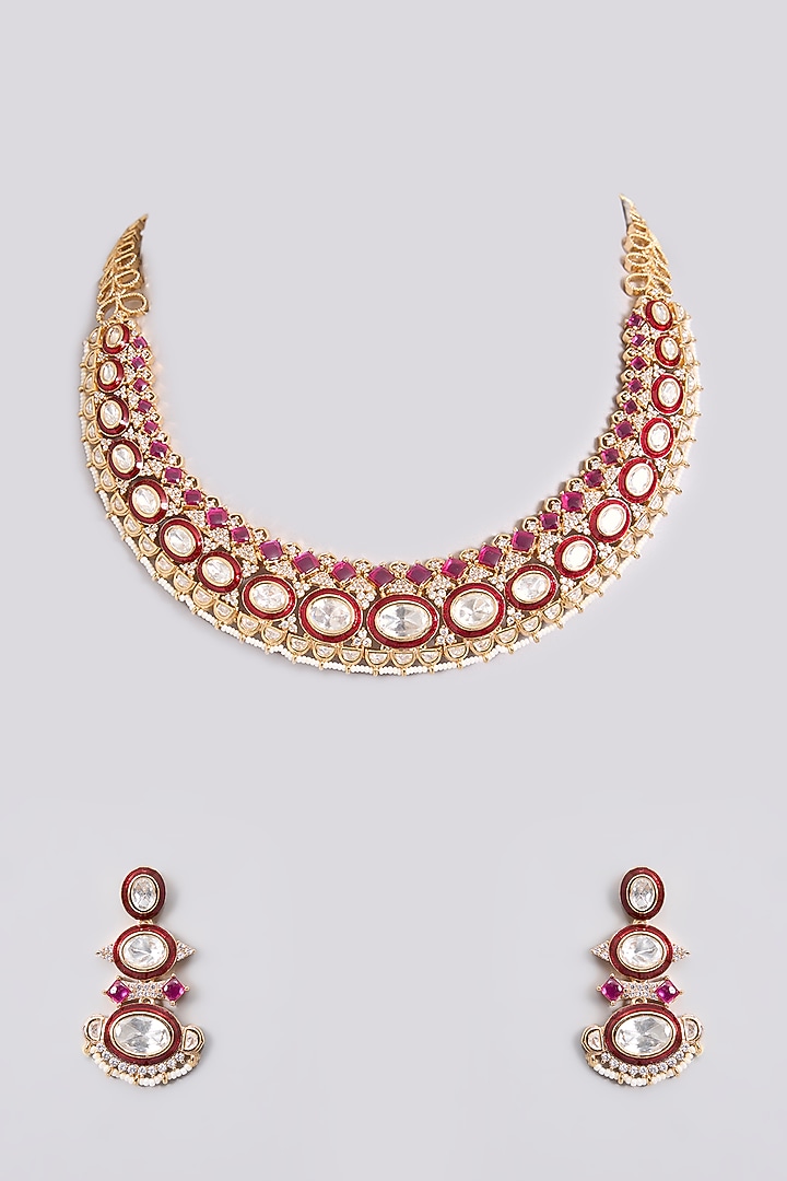 Gold Finish Kundan Polki & Ruby Stone Choker Necklace Set by Aura Trends at Pernia's Pop Up Shop