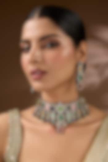 Gold Finish Kundan Polki & Multi-Colored Stone Choker Necklace Set by Auraa Trends at Pernia's Pop Up Shop