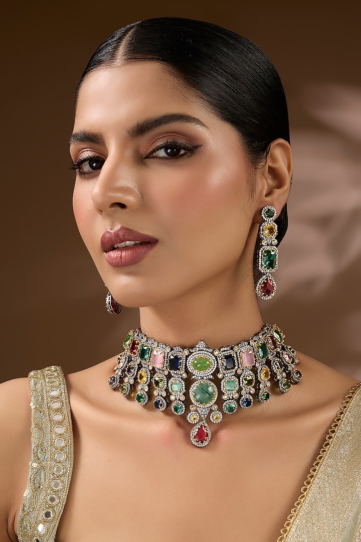 Gold Finish Kundan Polki & Multi-Colored Stone Choker Necklace Set by Auraa Trends at Pernia's Pop Up Shop
