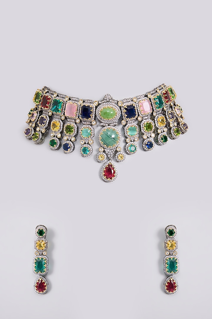 Gold Finish Kundan Polki & Multi-Colored Stone Choker Necklace Set by Aura Trends at Pernia's Pop Up Shop