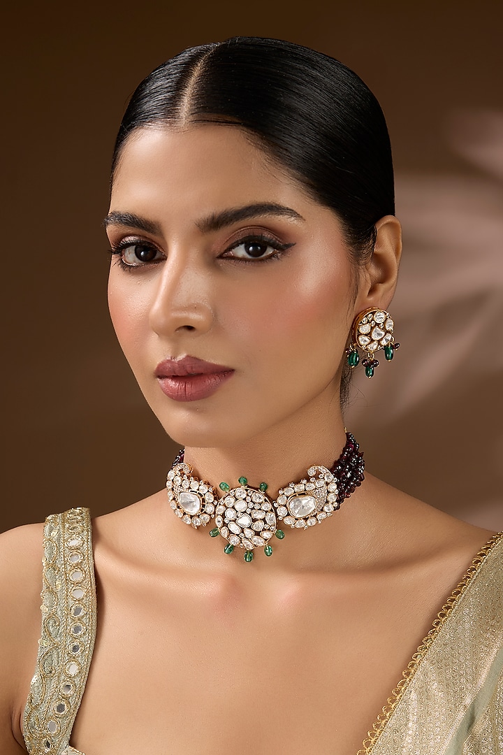 Gold Finish Kundan Polki Enameled Choker Necklace Set by Auraa Trends at Pernia's Pop Up Shop