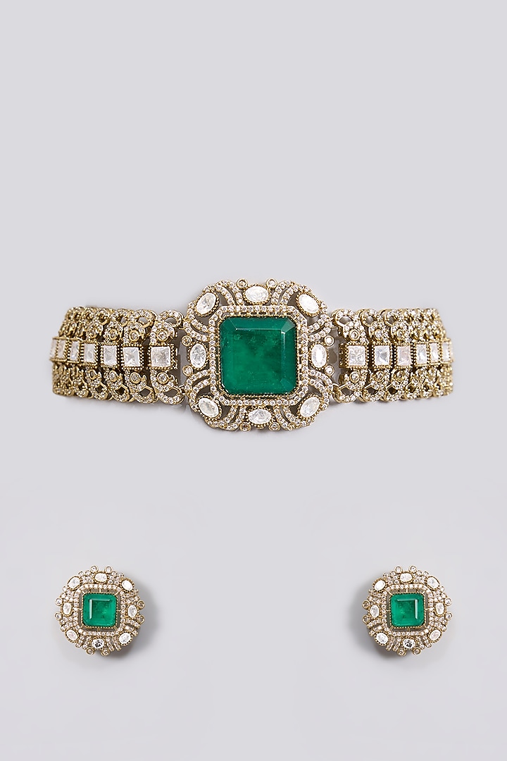 Gold Finish Kundan Polki & Emerald Green Stone Choker Necklace Set by Aura Trends at Pernia's Pop Up Shop