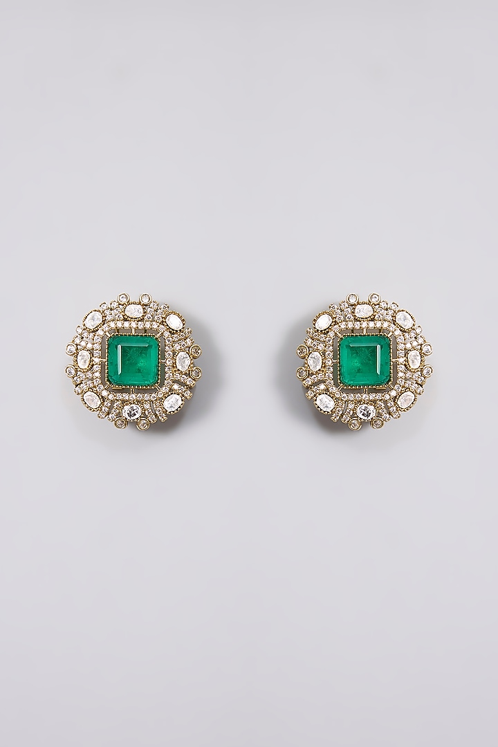 Gold Finish Kundan Polki & Emerald Green Stone Choker Necklace Set by Aura Trends at Pernia's Pop Up Shop