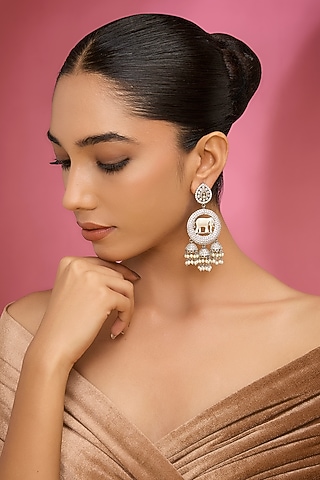 White Finish Kundan Polki Chandbali Earrings by Aura Trends