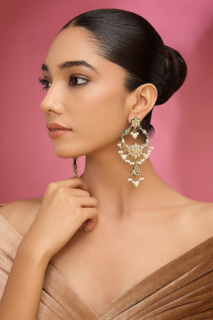 Gold Finish Kundan Polki & Pearl Chandbali Earrings by Aura Trends at Pernia's Pop Up Shop