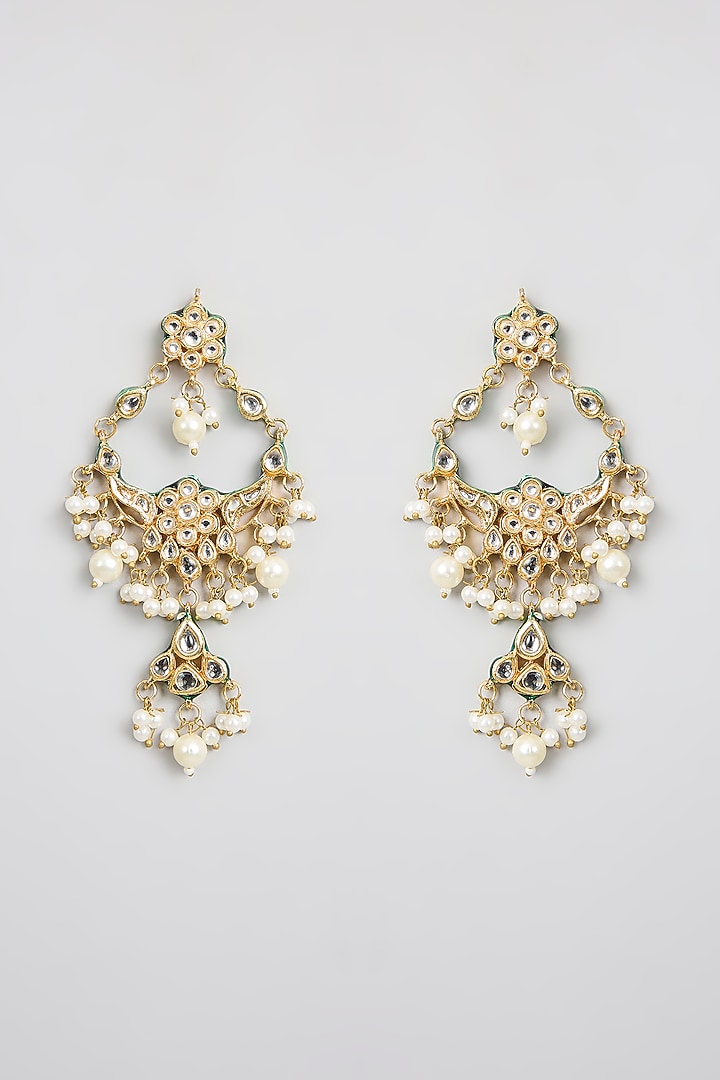 Gold Finish Kundan Polki & Pearl Chandbali Earrings by Aura Trends at Pernia's Pop Up Shop