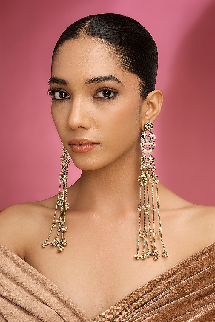 Gold Finish Kundan Polki Long Tassel Earrings by Auraa Trends at Pernia's Pop Up Shop