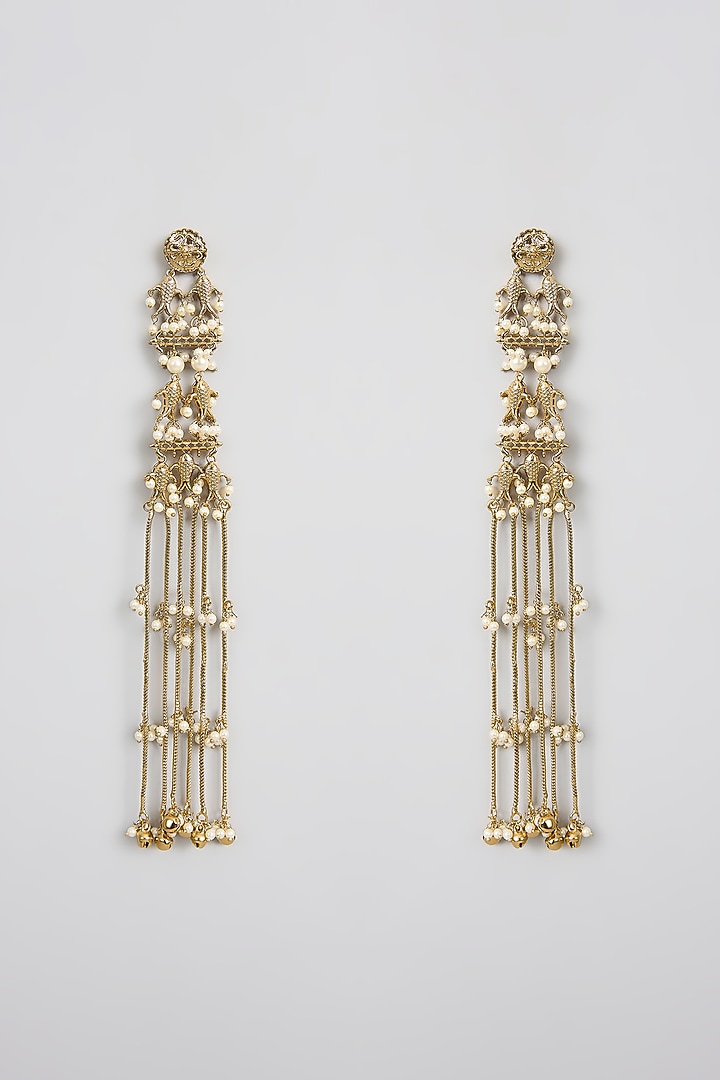 Gold Finish Kundan Polki Long Tassel Earrings by Aura Trends at Pernia's Pop Up Shop