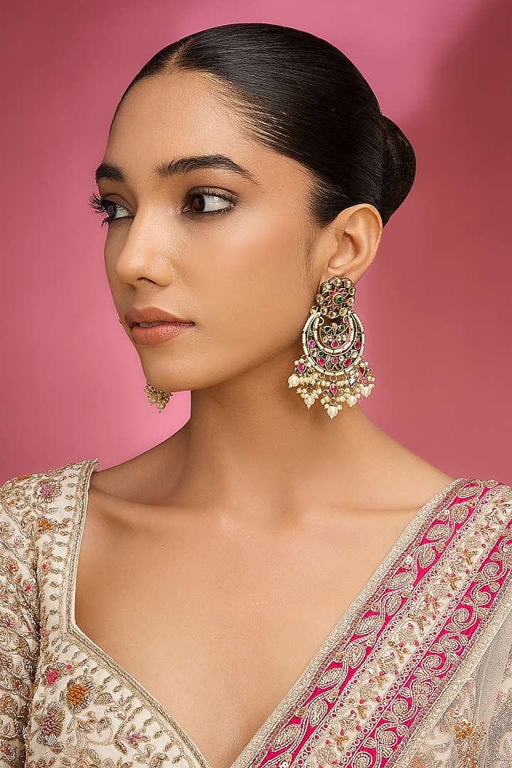 Gold Finish Multi-Colored Kundan Polki & Pearl Chandbali Earrings by Aura Trends at Pernia's Pop Up Shop