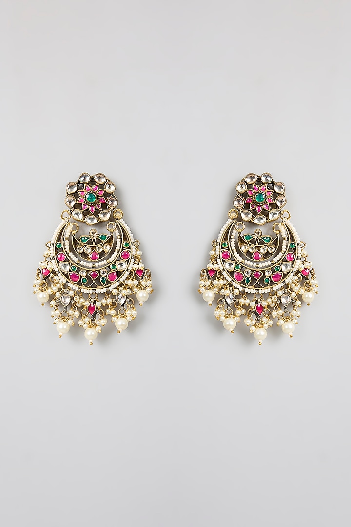 Gold Finish Multi-Colored Kundan Polki & Pearl Chandbali Earrings by Aura Trends at Pernia's Pop Up Shop