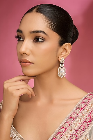 White Finish Kundan Polki & Pearl Dangler Earrings by Aura Trends