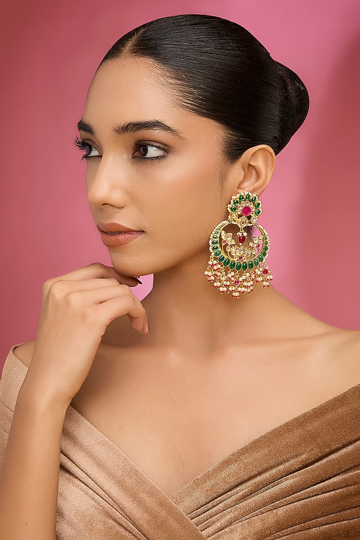 Gold Finish Green Kundan Polki & Pearl Chandbali Earrings by Aura Trends at Pernia's Pop Up Shop