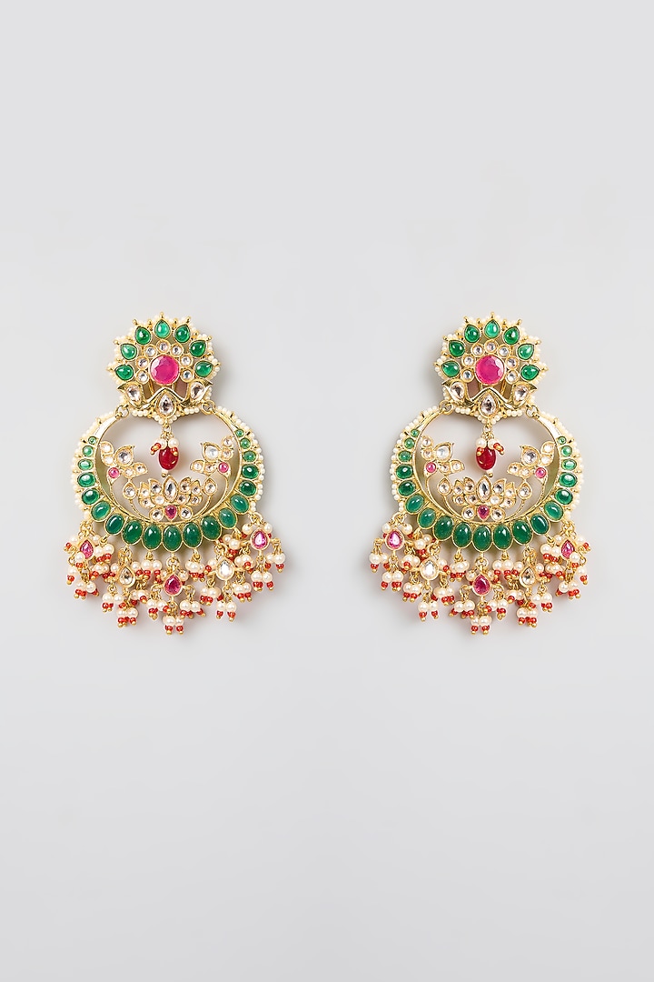 Gold Finish Green Kundan Polki & Pearl Chandbali Earrings by Aura Trends at Pernia's Pop Up Shop