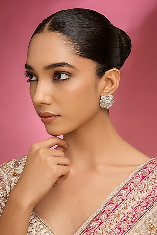 White Finish Kundan Polki & Pearl Stud Earrings by Aura Trends