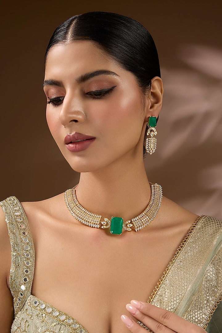 Gold Finish Kundan Polki & Green Stone Choker Necklace Set by Auraa Trends at Pernia's Pop Up Shop