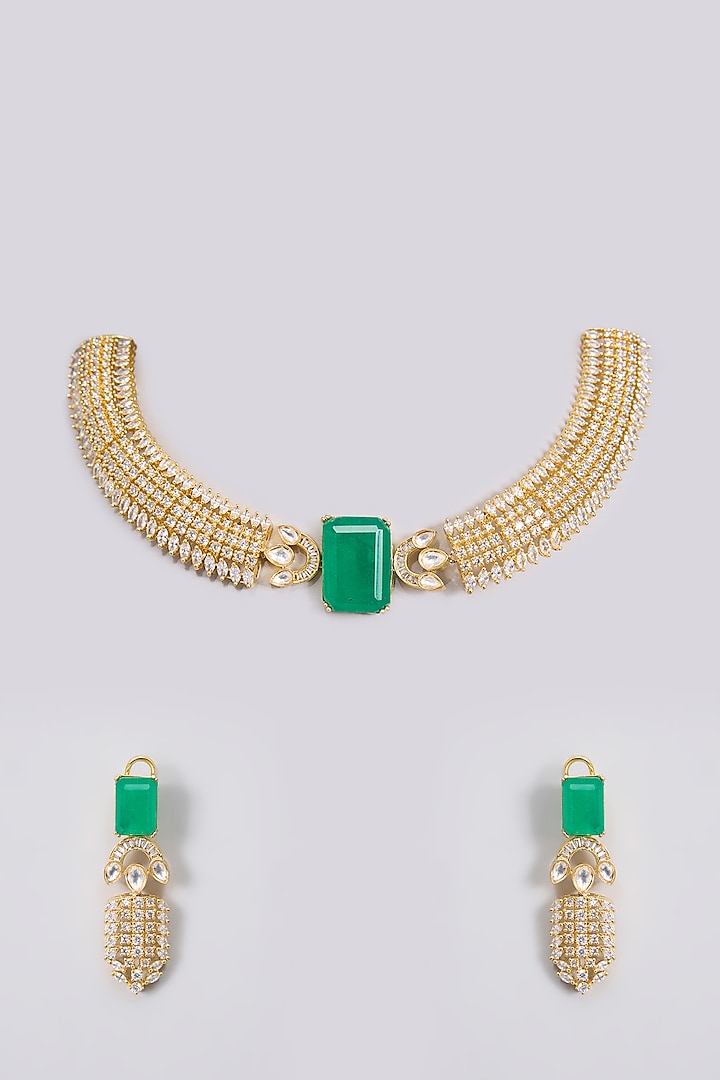 Gold Finish Kundan Polki & Green Stone Choker Necklace Set by Aura Trends at Pernia's Pop Up Shop