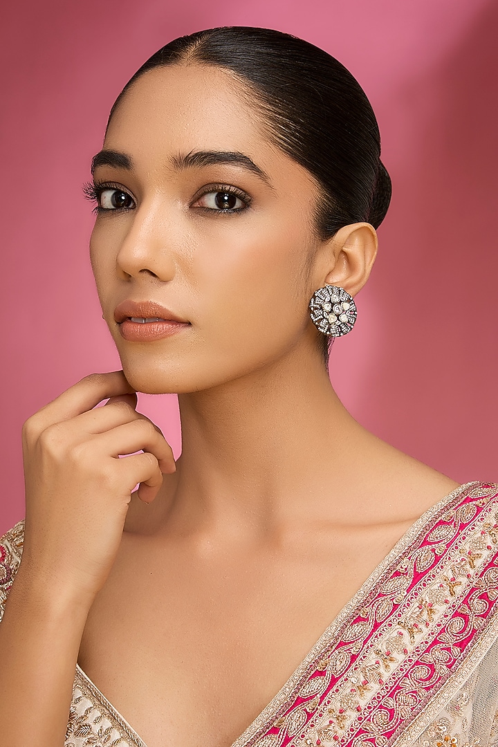 Gold Finish Kundan Polki & Pearl Floral Stud Earrings by Auraa Trends at Pernia's Pop Up Shop