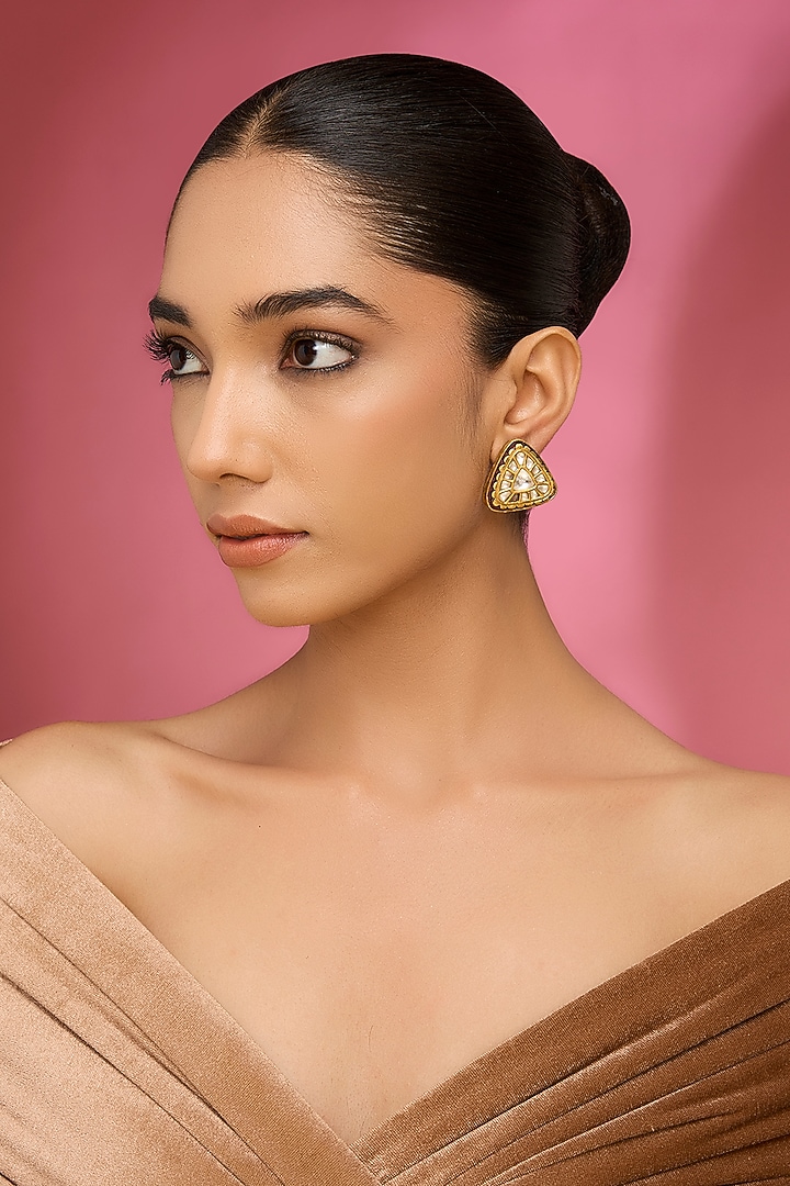 Gold Finish Kundan Polki Stud Earrings by Aura Trends at Pernia's Pop Up Shop