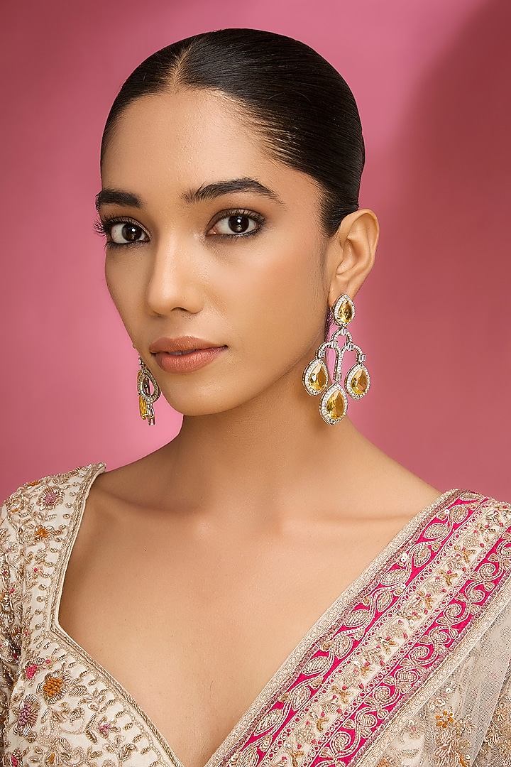 Gold Finish Kundan Polki & Yellow Stone Chandbali Earrings by Aura Trends at Pernia's Pop Up Shop