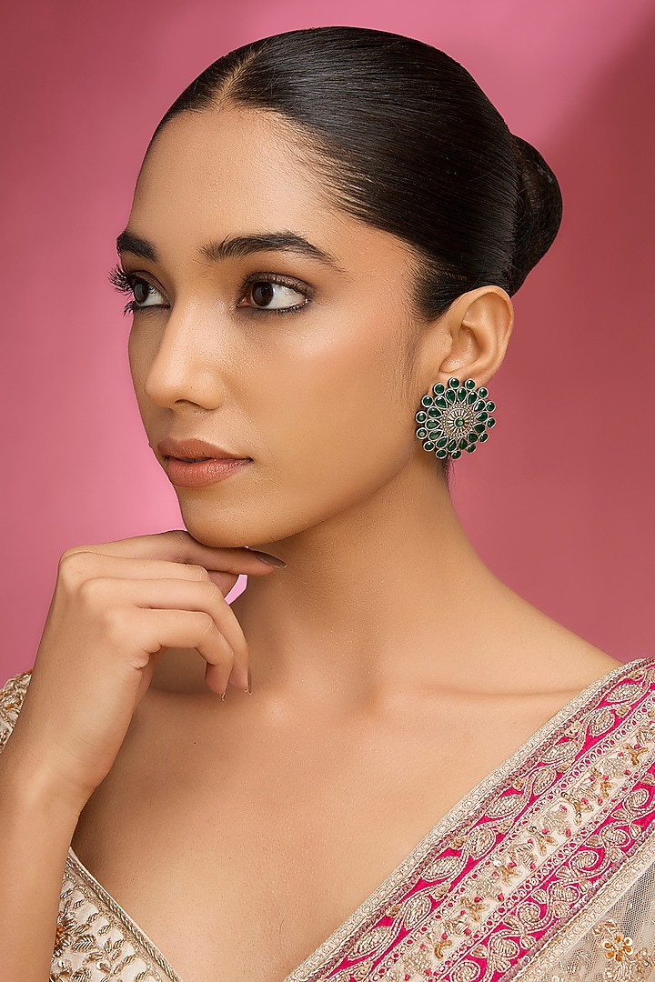 Gold Finish Kundan Polki & Green Stone Stud Earrings by Aura Trends at Pernia's Pop Up Shop