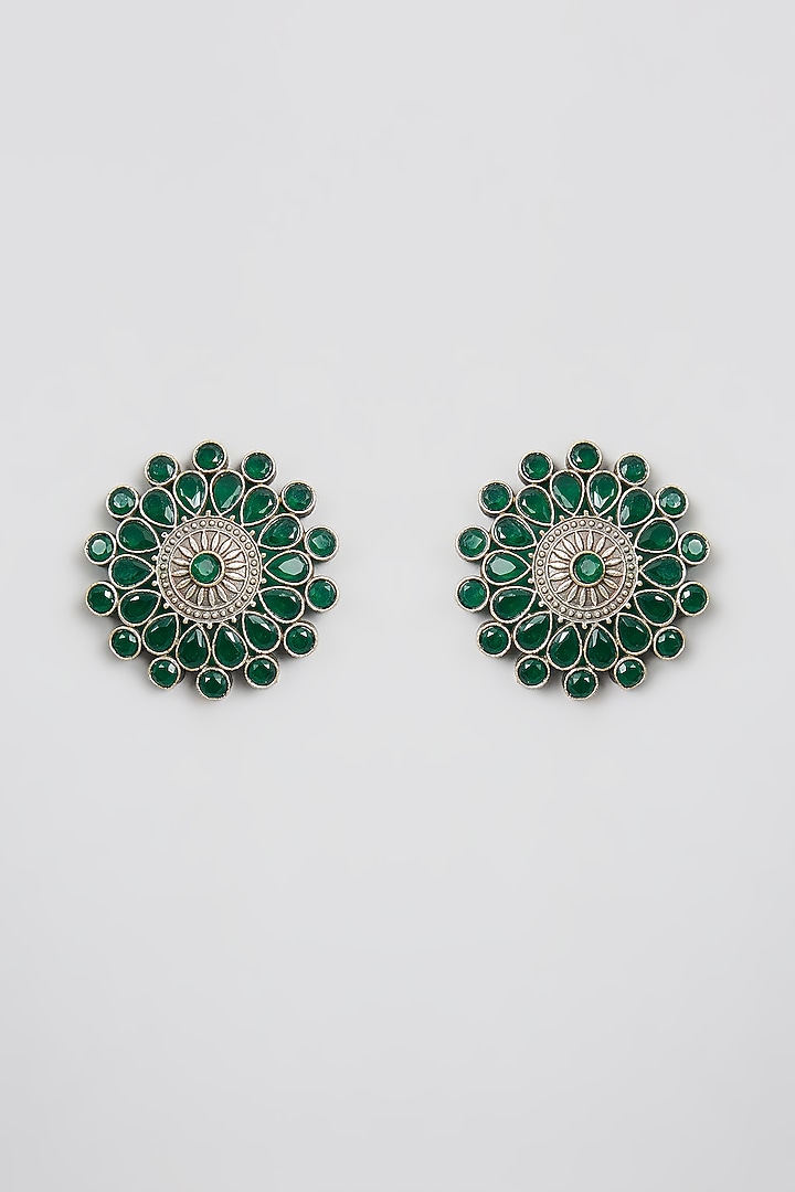 Gold Finish Kundan Polki & Green Stone Stud Earrings by Aura Trends at Pernia's Pop Up Shop