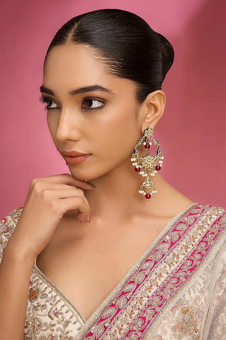 Gold Finish Kundan Polki & Pink Stone Chandbali Earrings by Aura Trends at Pernia's Pop Up Shop