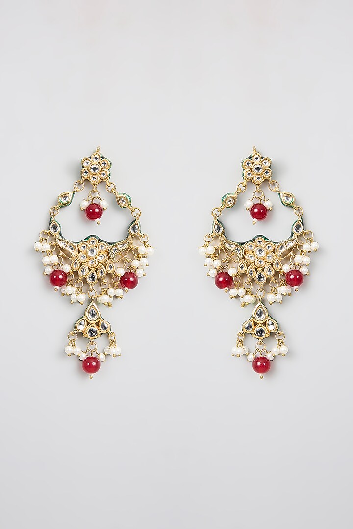 Gold Finish Kundan Polki & Pink Stone Chandbali Earrings by Aura Trends at Pernia's Pop Up Shop