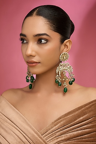 Gold Finish Kundan Polki & Green Stone Chandbali Earrings by Auraa Trends