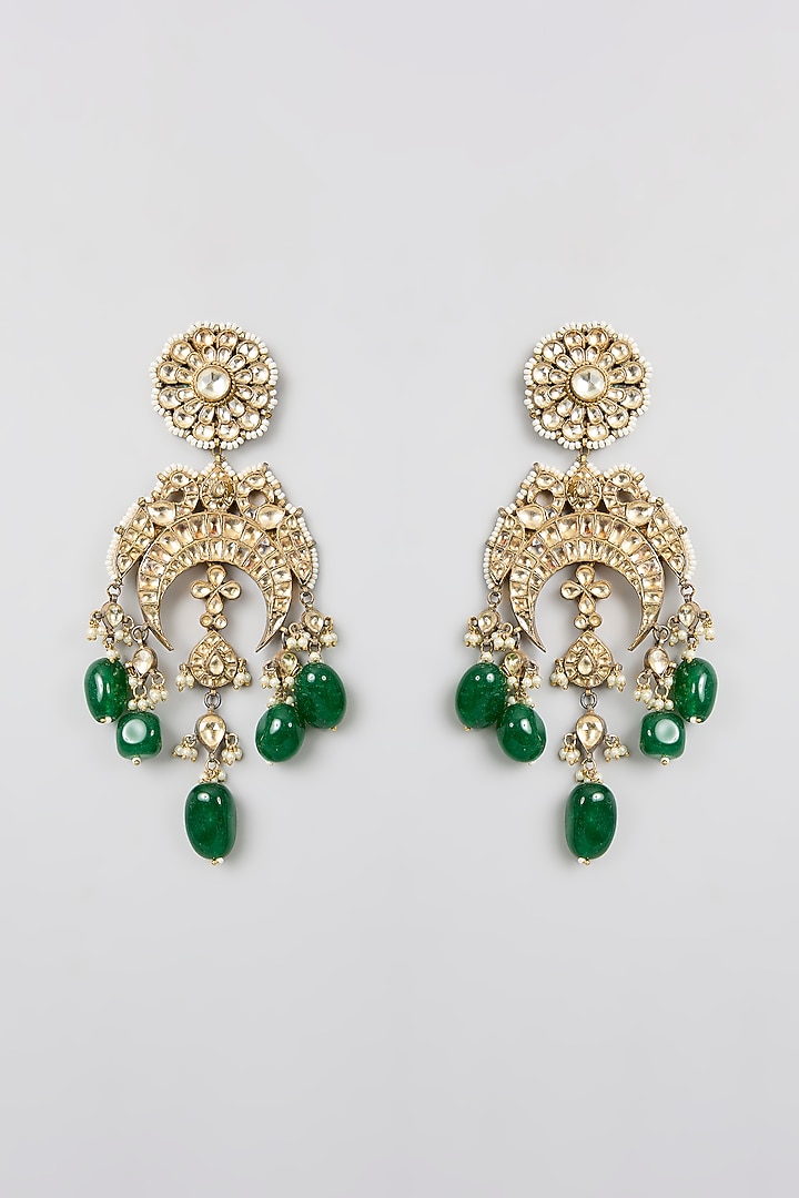 Gold Finish Kundan Polki & Green Stone Chandbali Earrings by Aura Trends at Pernia's Pop Up Shop