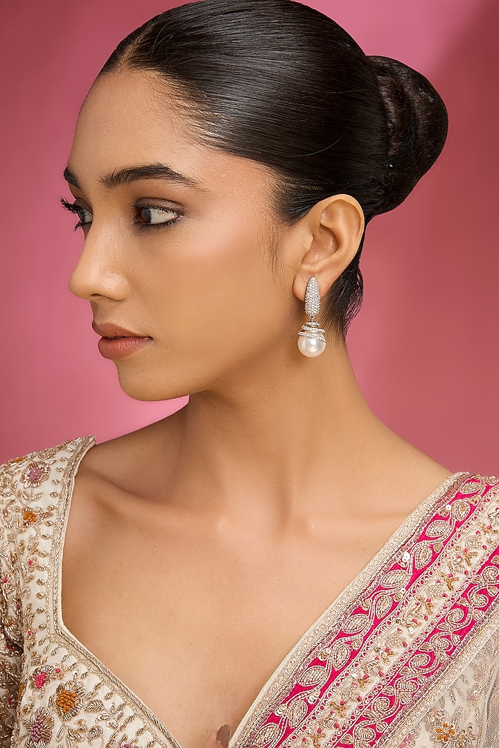White Finish Kundan Polki & Pearl Stud Earrings by Auraa Trends at Pernia's Pop Up Shop
