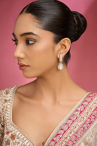 White Finish Kundan Polki & Pearl Stud Earrings by Aura Trends