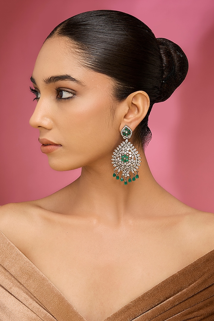 Gold Finish Green Kundan Polki & Pearl Chandbali Earrings by Auraa Trends at Pernia's Pop Up Shop