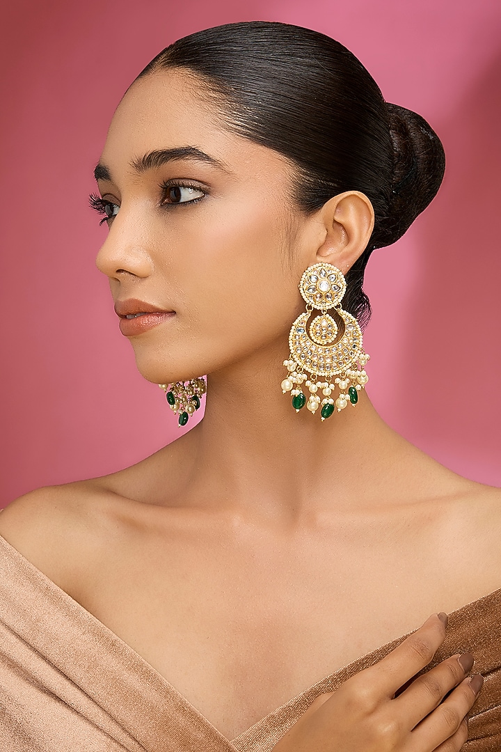 Gold Finish Kundan Polki & Green Stone Chandbali Earrings by Auraa Trends at Pernia's Pop Up Shop