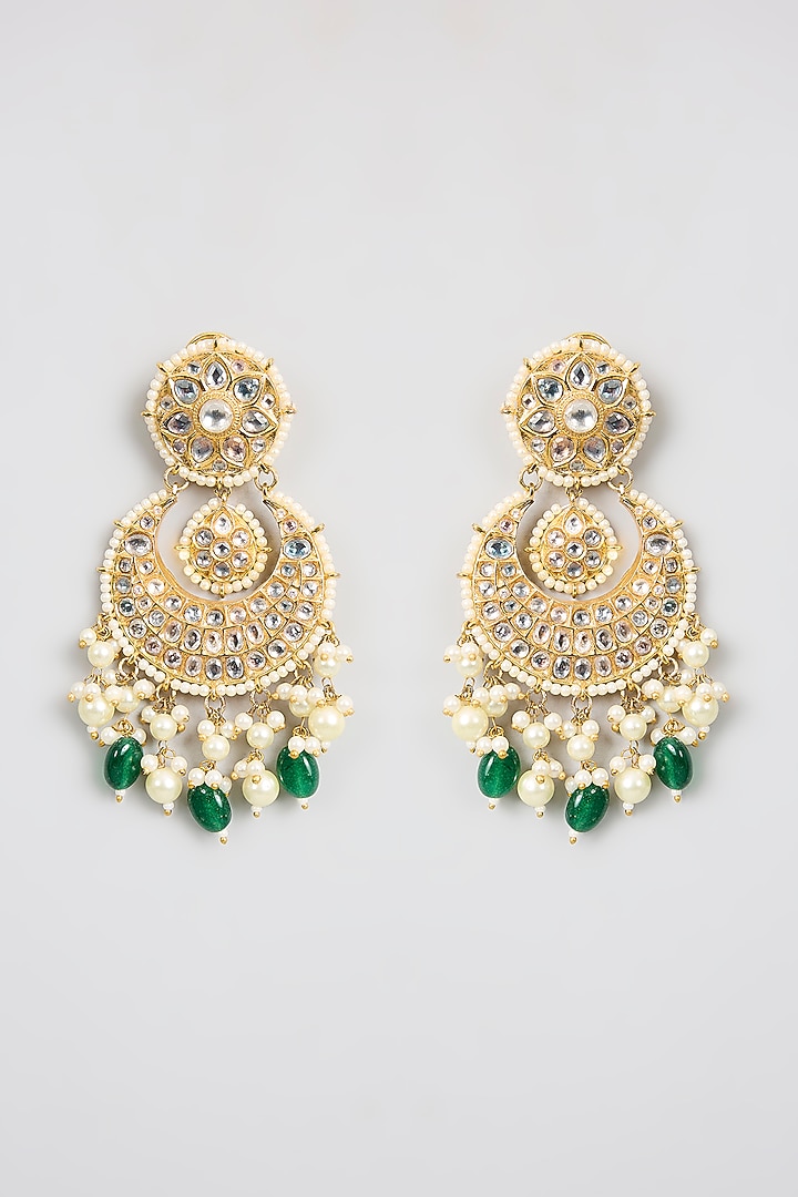 Gold Finish Kundan Polki & Green Stone Chandbali Earrings by Aura Trends at Pernia's Pop Up Shop