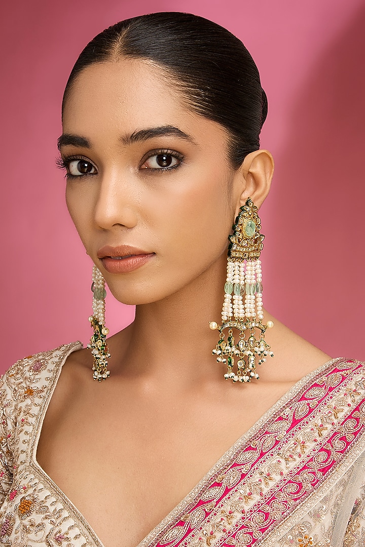 Gold Finish Kundan Polki & Blue Stone Dangler Earrings by Auraa Trends at Pernia's Pop Up Shop