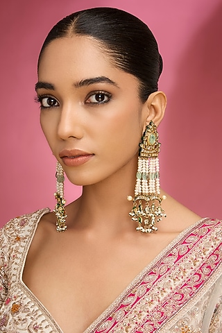 Gold Finish Kundan Polki & Blue Stone Dangler Earrings by Auraa Trends