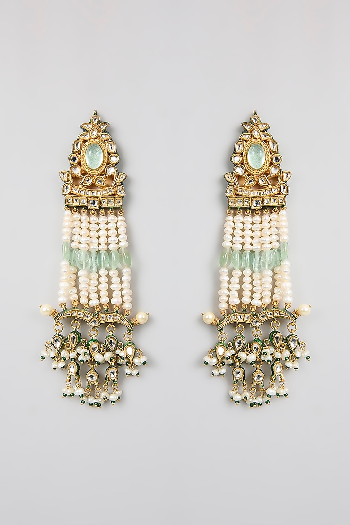 Gold Finish Kundan Polki & Blue Stone Dangler Earrings by Aura Trends at Pernia's Pop Up Shop