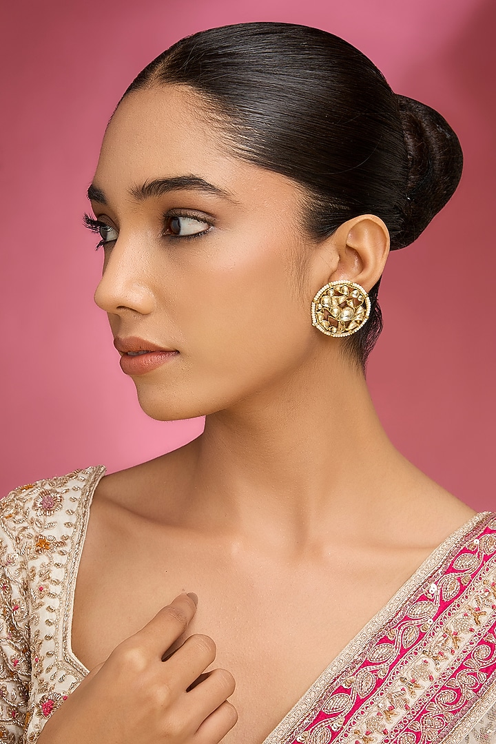 Gold Finish Kundan Polki & White Stone Floral Stud Earrings by Auraa Trends at Pernia's Pop Up Shop