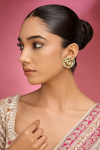 Gold Finish Kundan Polki & White Stone Floral Stud Earrings by Aura Trends