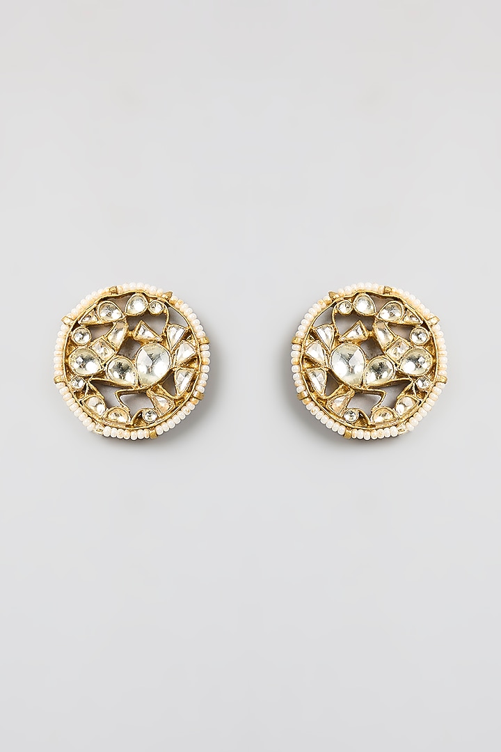Gold Finish Kundan Polki & White Stone Floral Stud Earrings by Aura Trends at Pernia's Pop Up Shop