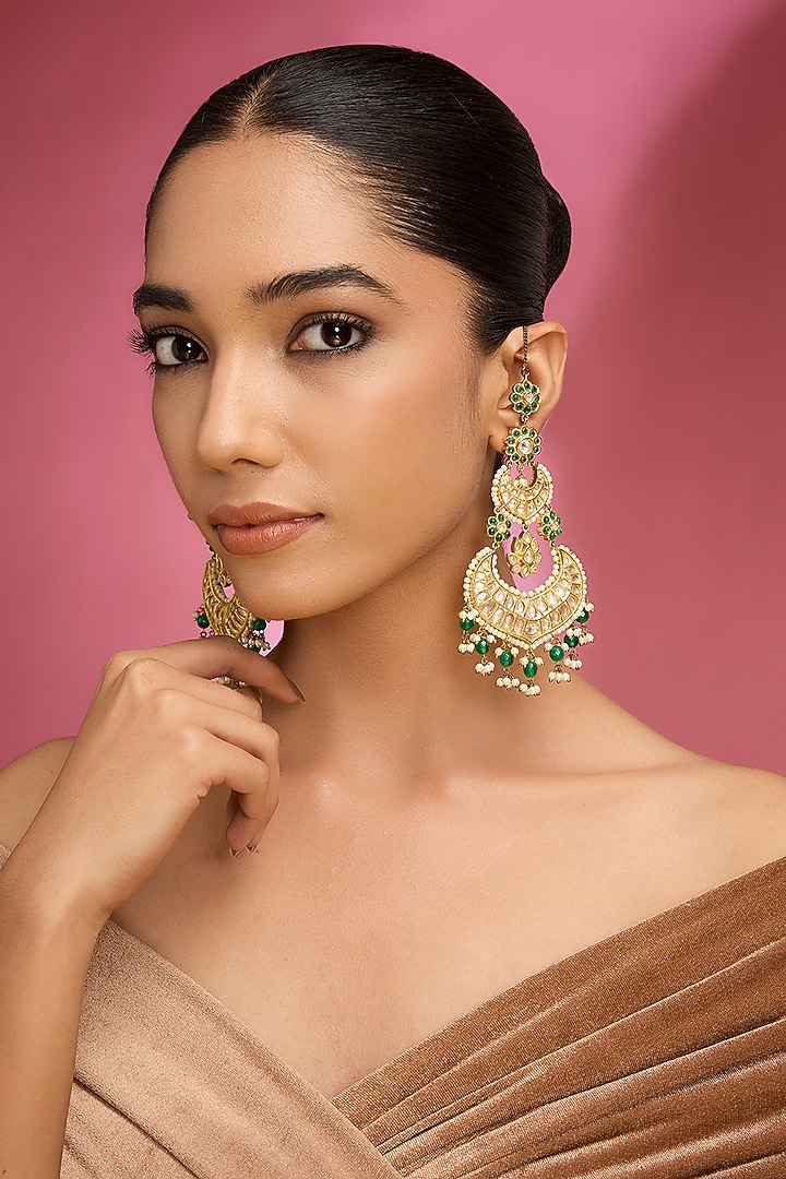Gold Finish Kundan Polki & Green Stone Chandbali Earrings by Aura Trends at Pernia's Pop Up Shop