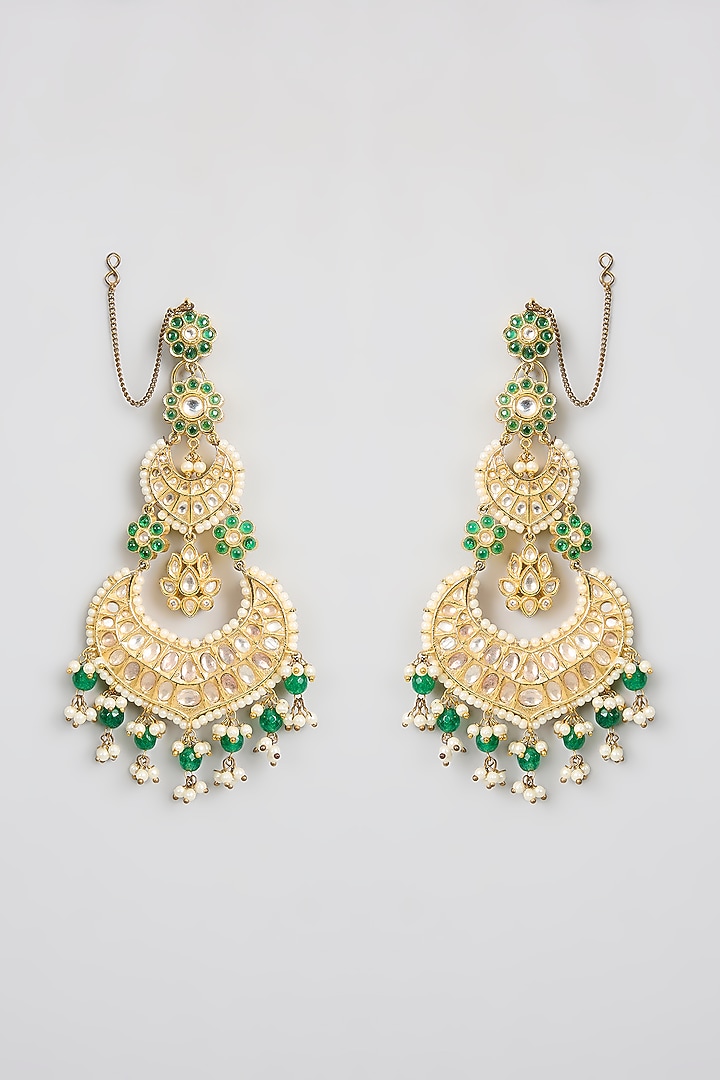 Gold Finish Kundan Polki & Green Stone Chandbali Earrings by Aura Trends at Pernia's Pop Up Shop