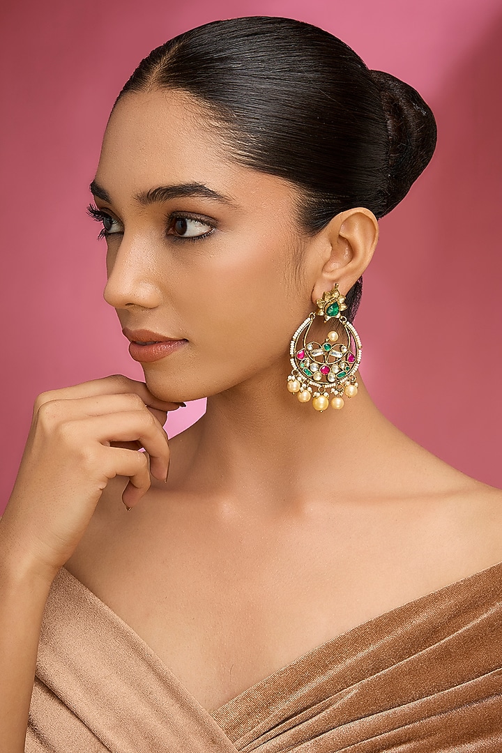 Gold Finish Kundan Polki & Multi-Colored Stone Chandbali Earrings by Auraa Trends at Pernia's Pop Up Shop