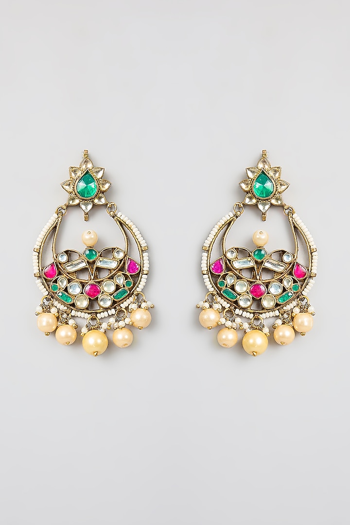 Gold Finish Kundan Polki & Multi-Colored Stone Chandbali Earrings by Aura Trends at Pernia's Pop Up Shop
