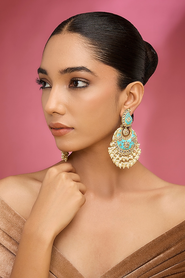 Gold Finish Kundan Polki Turquoise Enameled Chandbali Earrings by Aura Trends at Pernia's Pop Up Shop