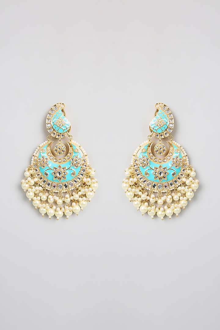 Gold Finish Kundan Polki Turquoise Enameled Chandbali Earrings by Aura Trends at Pernia's Pop Up Shop