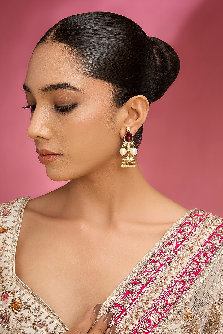 Gold Finish Kundan Polki & Red Gemstone Dangler Earrings by Aura Trends at Pernia's Pop Up Shop
