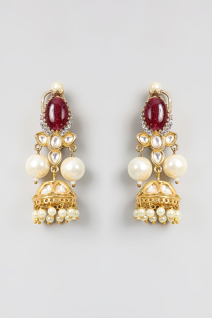 Gold Finish Kundan Polki & Red Gemstone Dangler Earrings by Aura Trends at Pernia's Pop Up Shop