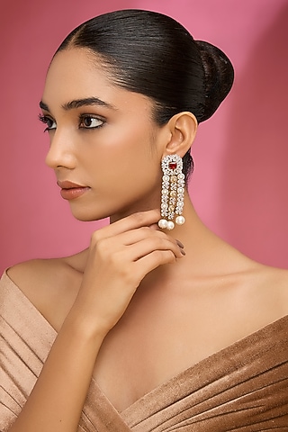 Silver Finish Red Stone & Pearl Drop Dangler Earrings by Aura Trends